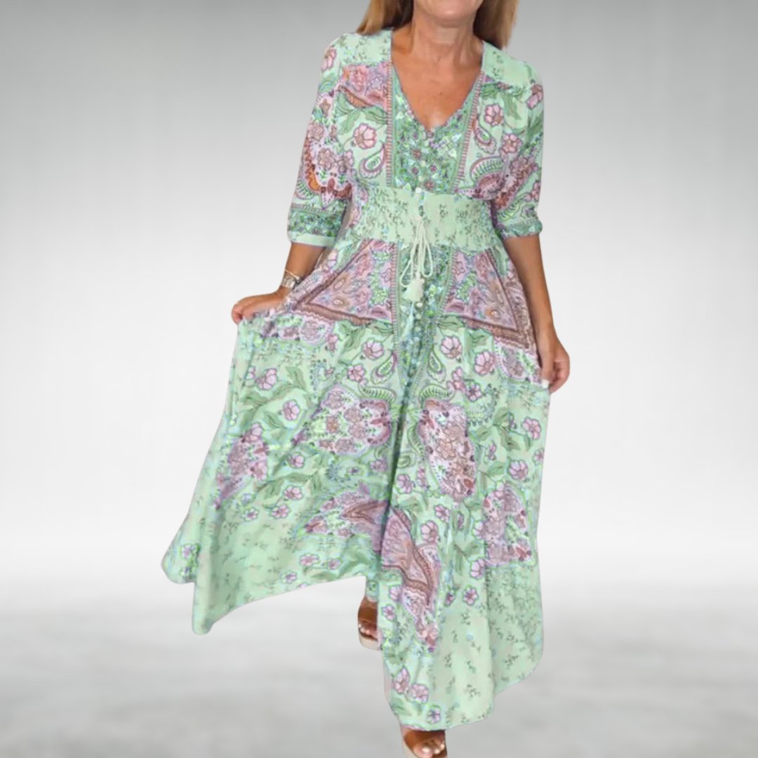 Boho Flowy Maxi Dress V-Neck Draped - Green