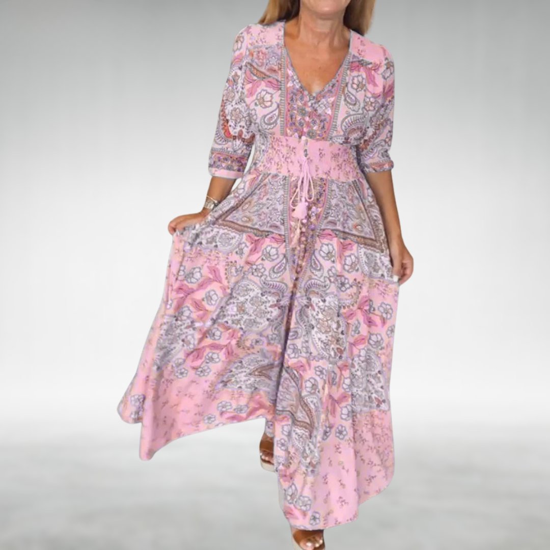 Boho Flowy Maxi Dress V-Neck Draped - Pink