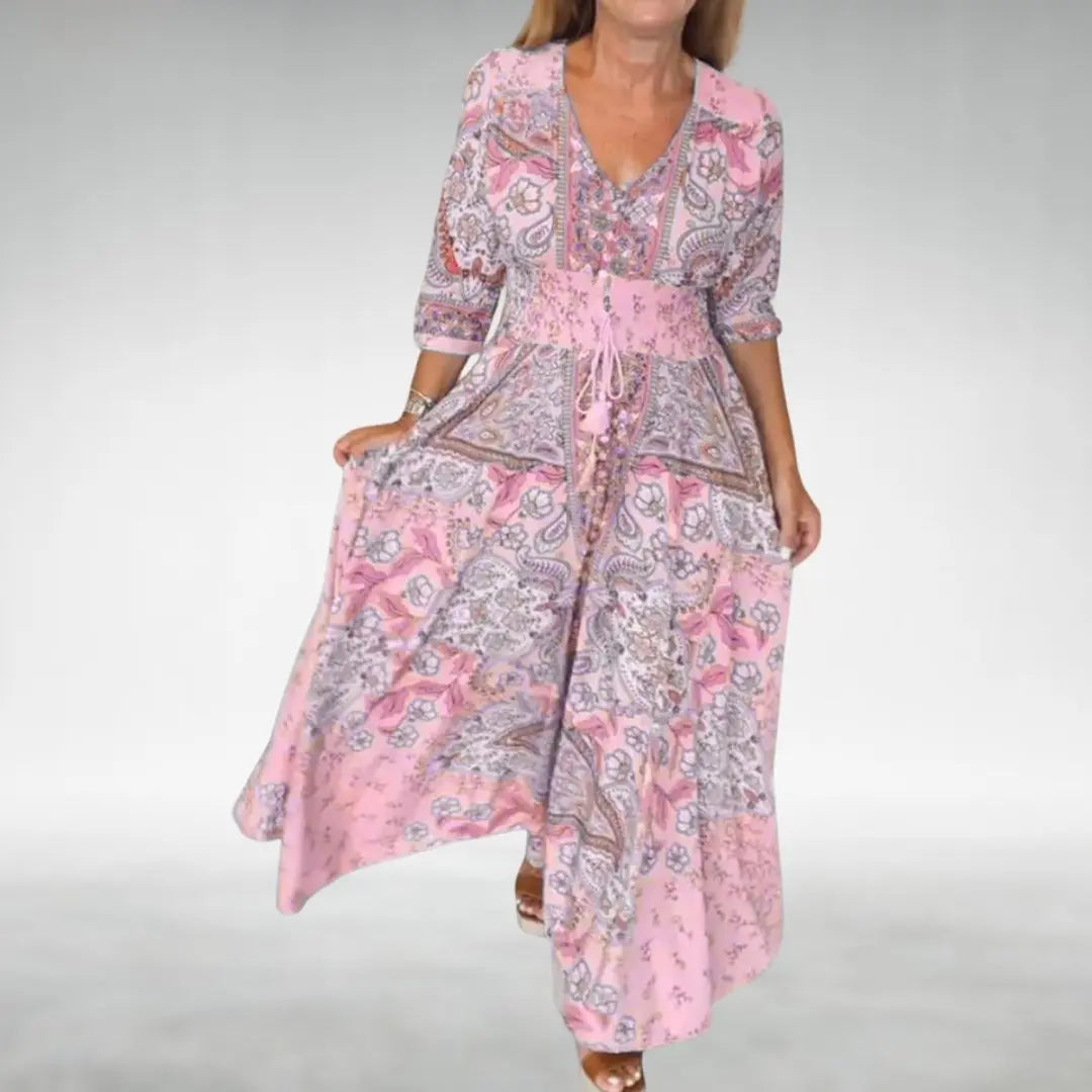 Boho Flowy Maxi Dress V-Neck Draped - Pink