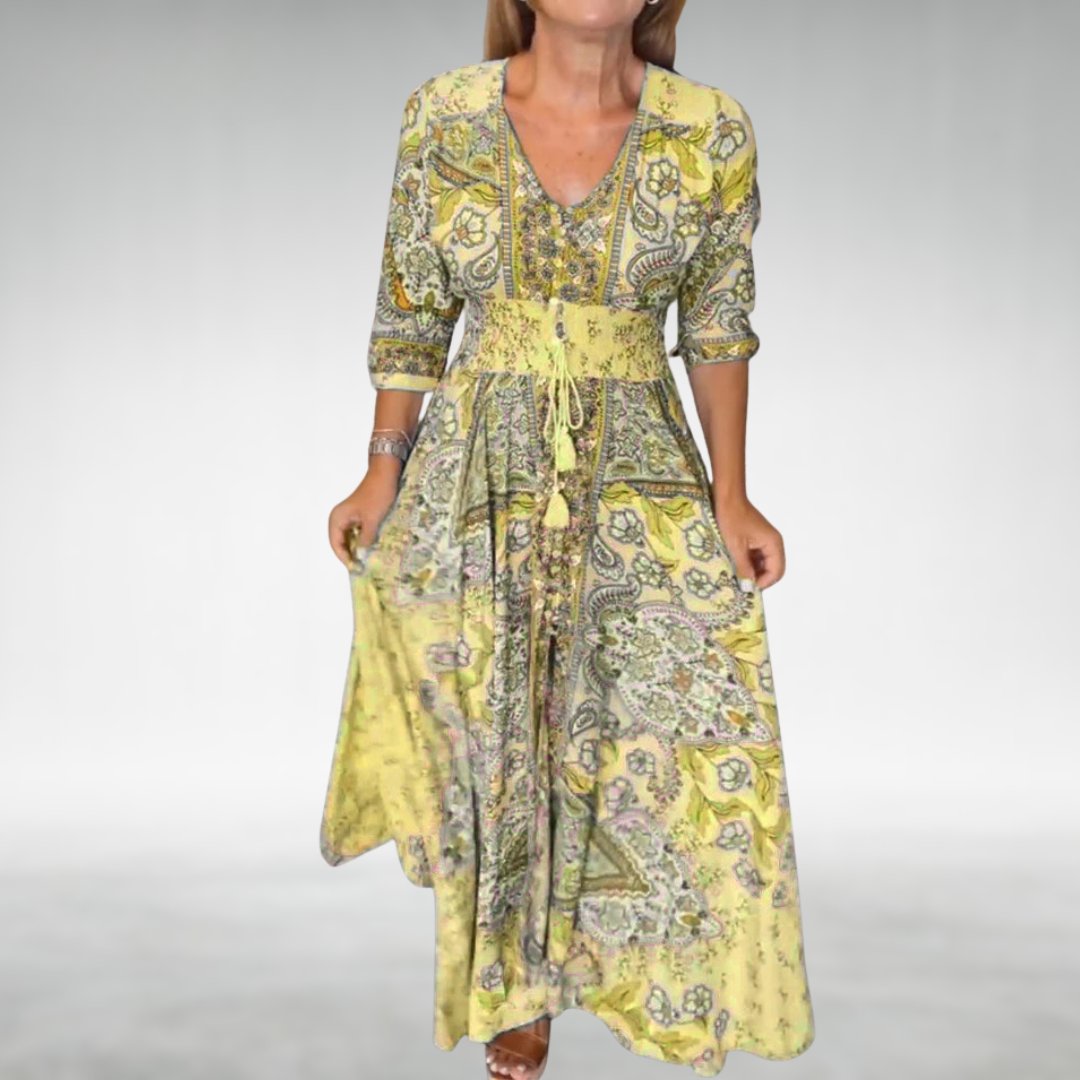 Boho Flowy Maxi Dress V-Neck Draped - Yellow