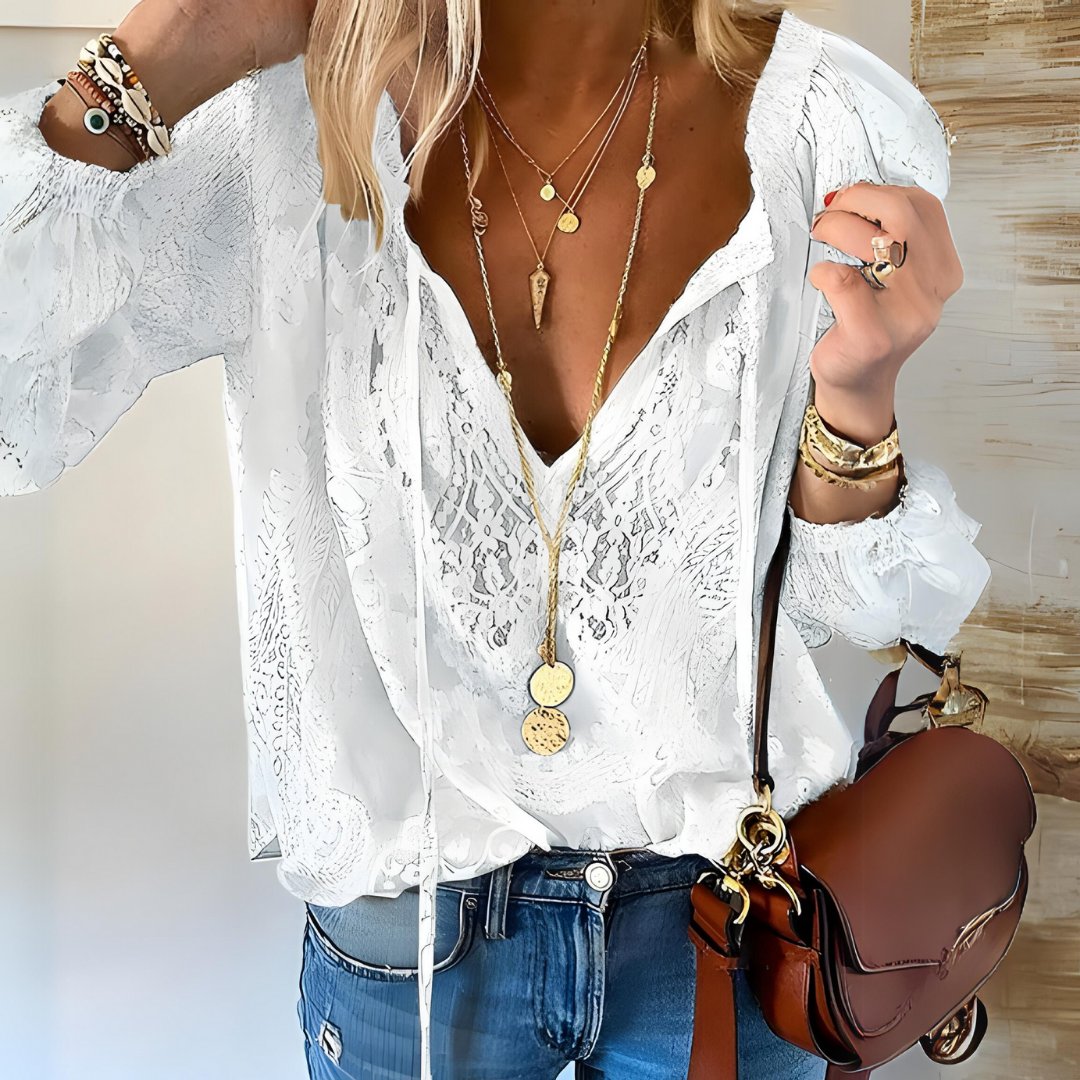 Boho Lace Blouse Deep V-Neck Long Sleeve - White