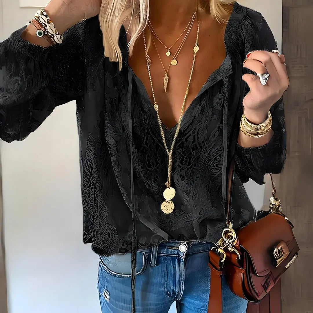 Boho Lace Blouse Deep V-Neck Long Sleeve - Nero