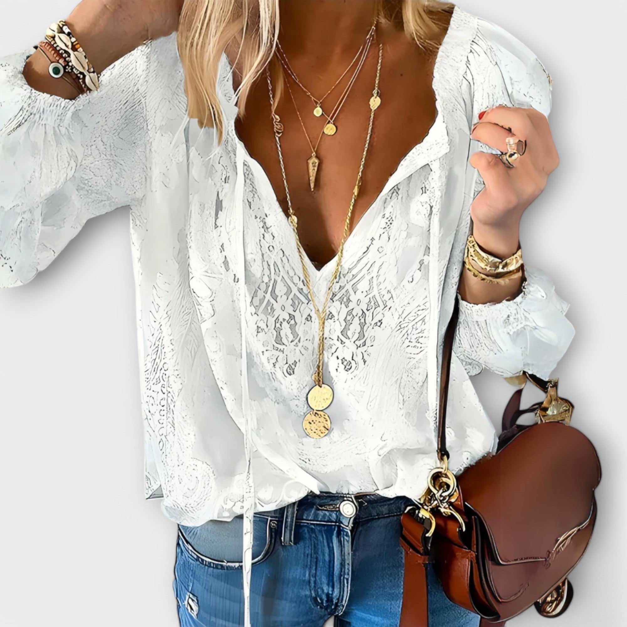 Boho Lace V-Neck Blouse Long Sleeve White Top - White