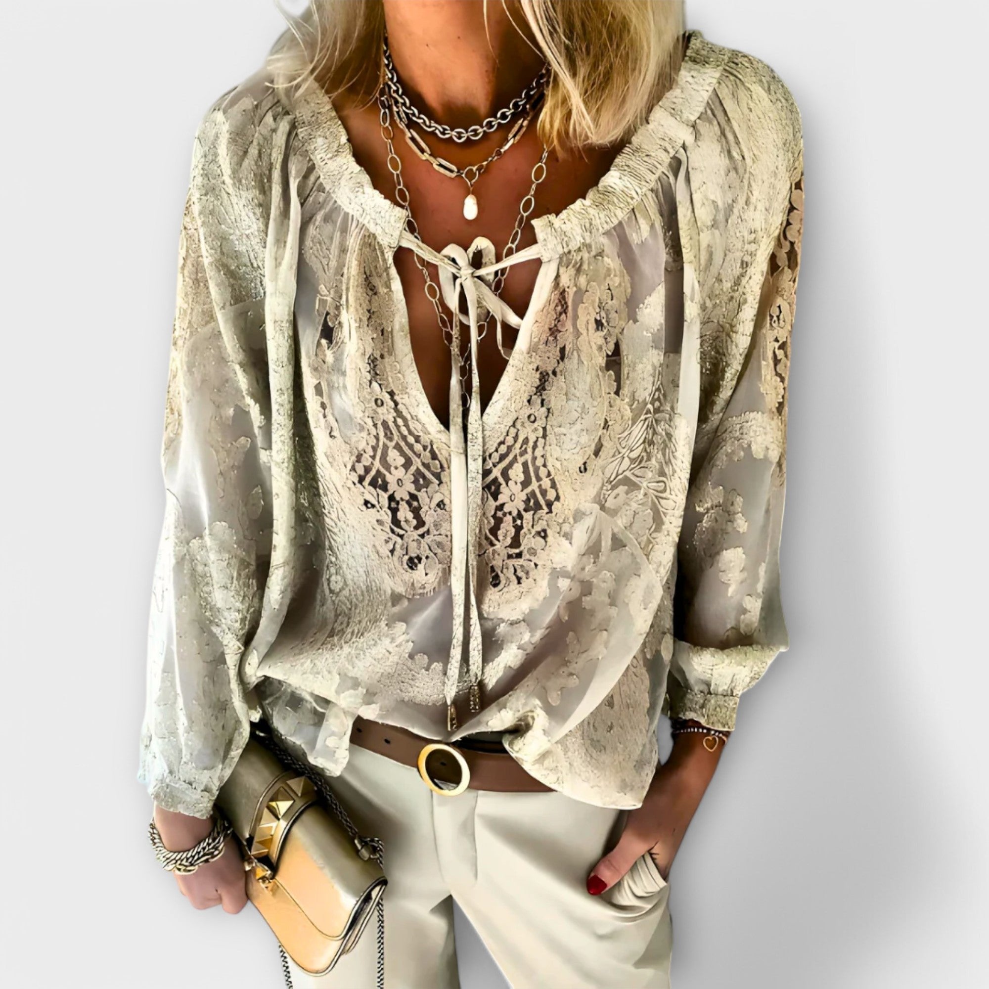 Boho Lace V-Neck Blouse Long Sleeve White Top