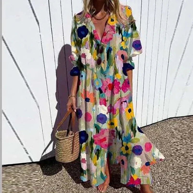 Boho Maxi Dress Floral V-Neck Long Sleeves - Multi flowers