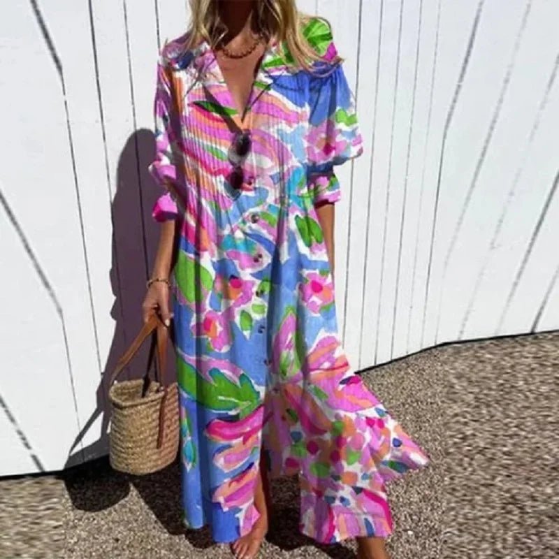 Boho Maxi Dress Floral V-Neck Long Sleeves - Pink