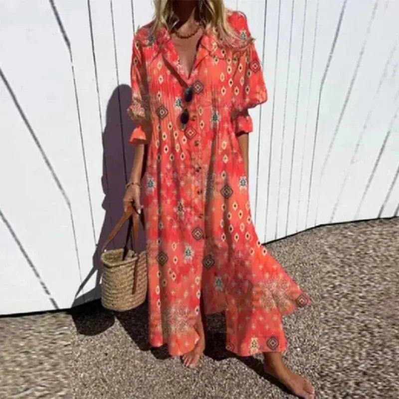 Boho Maxi Dress Floral V-Neck Long Sleeves - Red