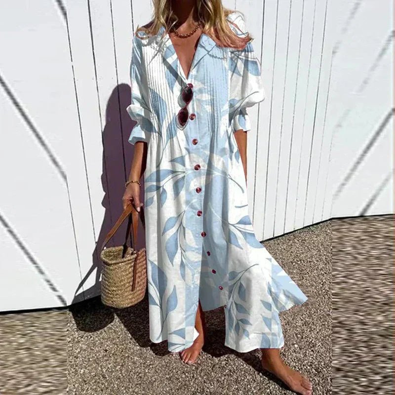 Boho Maxi Dress Floral V-Neck Long Sleeves - Light blue
