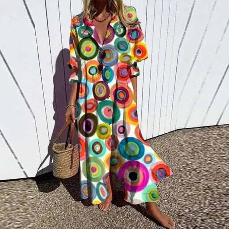Boho Maxi Dress Floral V-Neck Long Sleeves - Multi circles