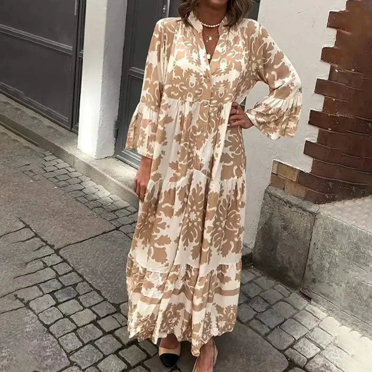 Boho Maxi Dress Flowy Printed V-Neck Long Sleeve - Brown