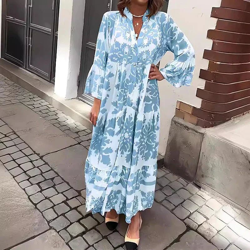 Boho Maxi Dress Flowy Printed V-Neck Long Sleeve - Blue