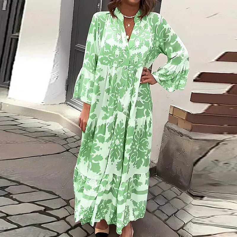 Boho Maxi Dress Flowy Printed V-Neck Long Sleeve - Green
