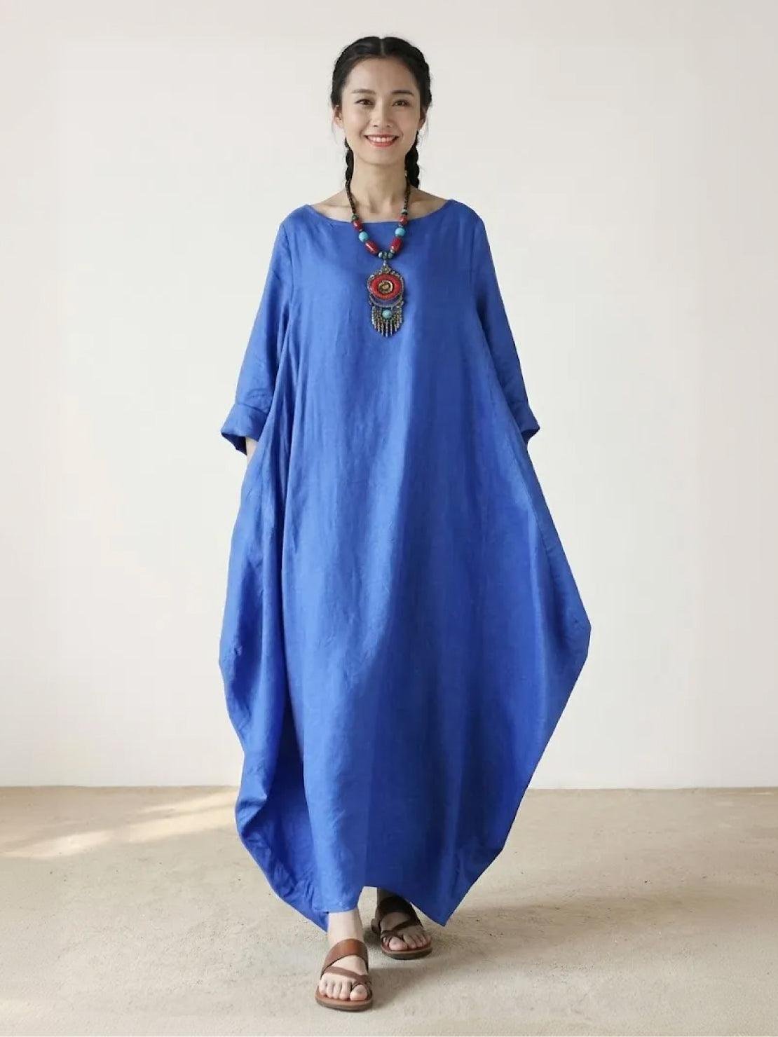 Boho Maxi Dress Oversized Batwing Sleeves - Royal Blue