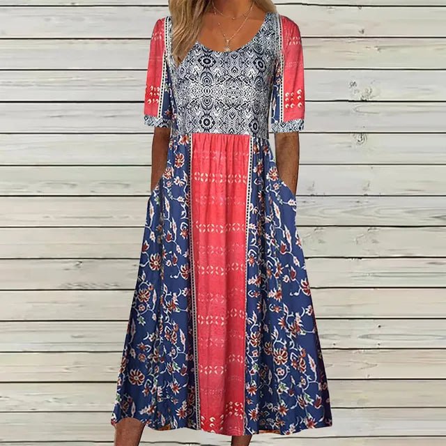 Boho Maxi Dress Round Neck Short Sleeve - Multicolor3