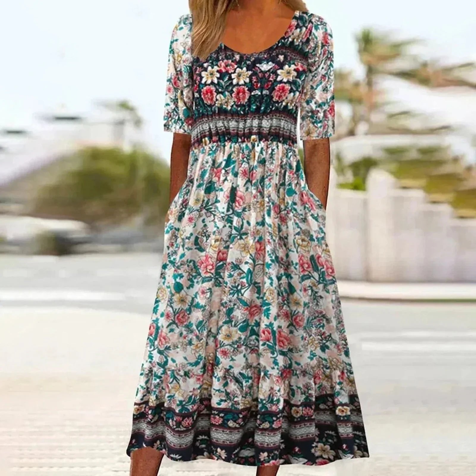 Boho Maxi Dress Round Neck Short Sleeve - Multicolor5
