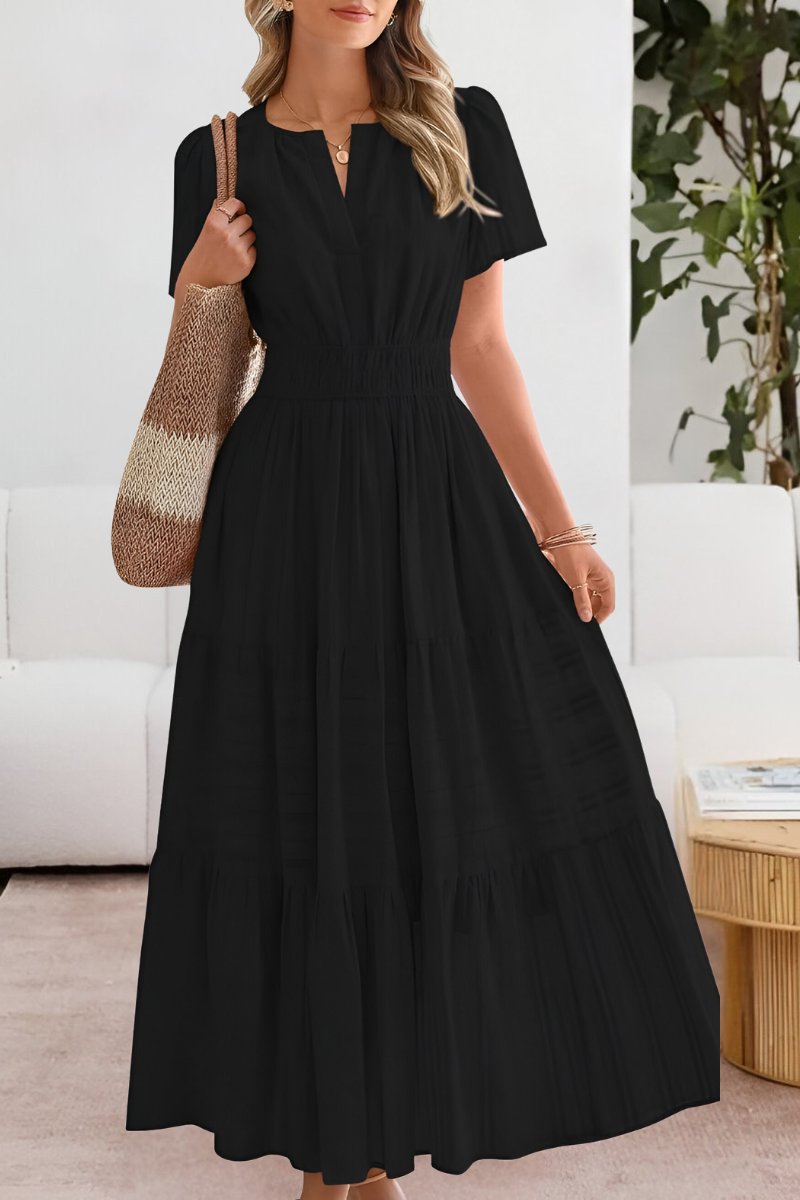 Boho Maxi Dress Tiered Summer Short Sleeve - Black