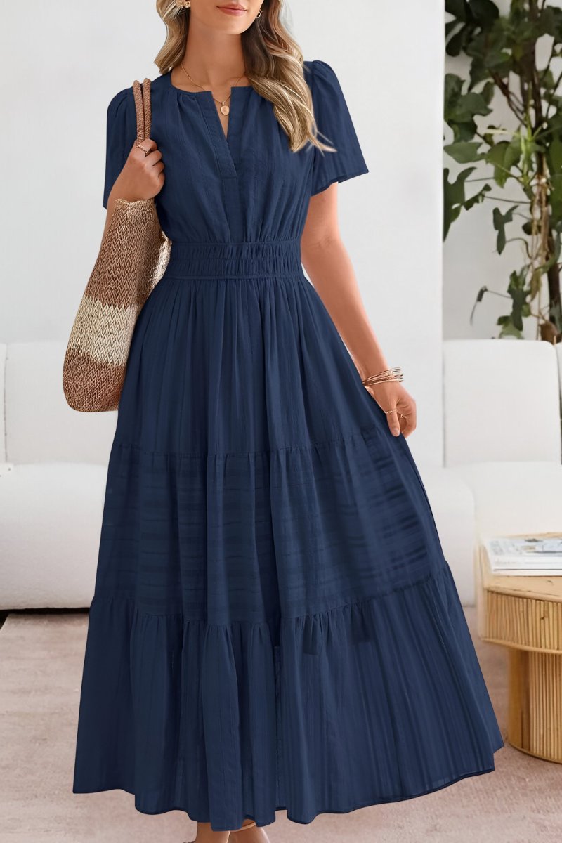 Boho Maxi Dress Tiered Summer Short Sleeve - Navy Blue