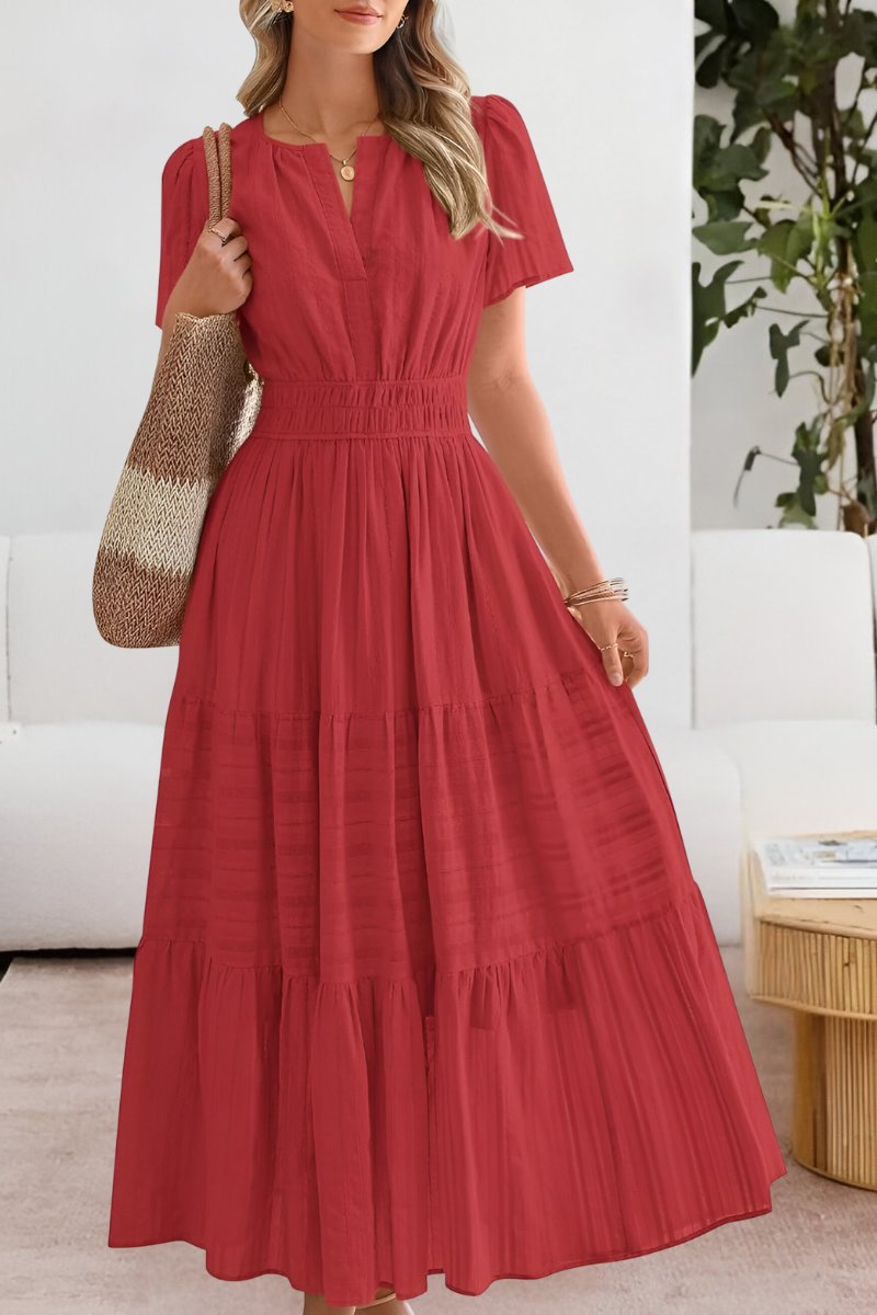 Boho Maxi Dress Tiered Summer Short Sleeve - Red
