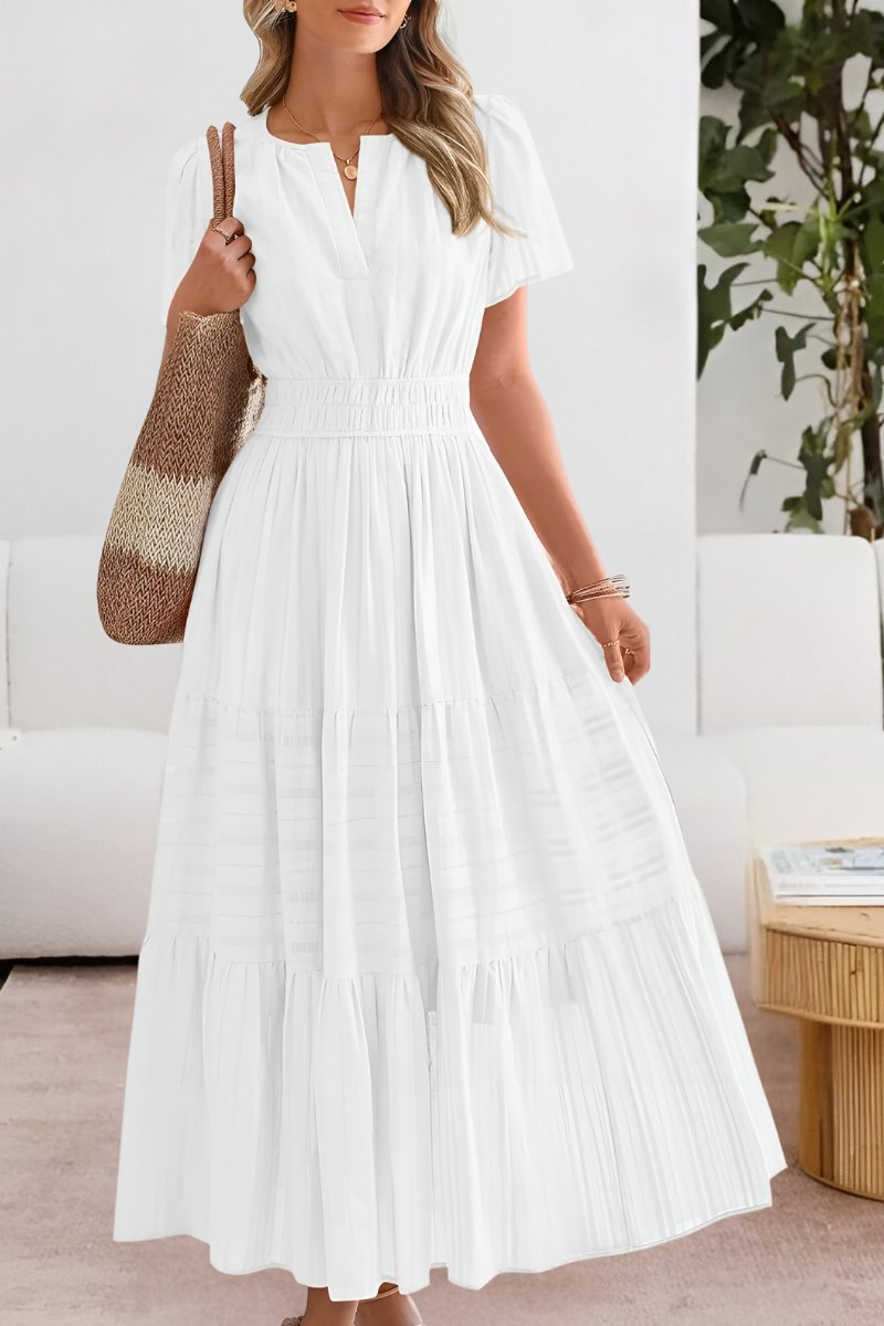 Boho Maxi Dress Tiered Summer Short Sleeve - White
