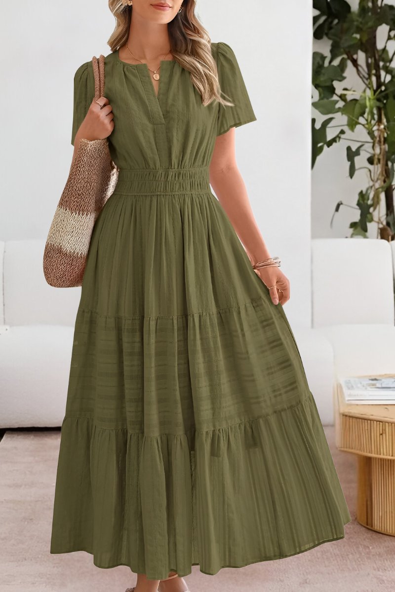 Boho Maxi Dress Tiered Summer Short Sleeve - Green