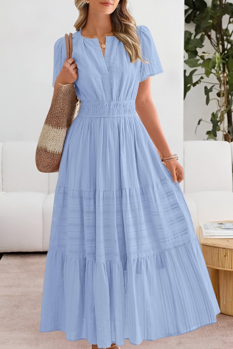 Boho Maxi Dress Tiered Summer Short Sleeve - Blue