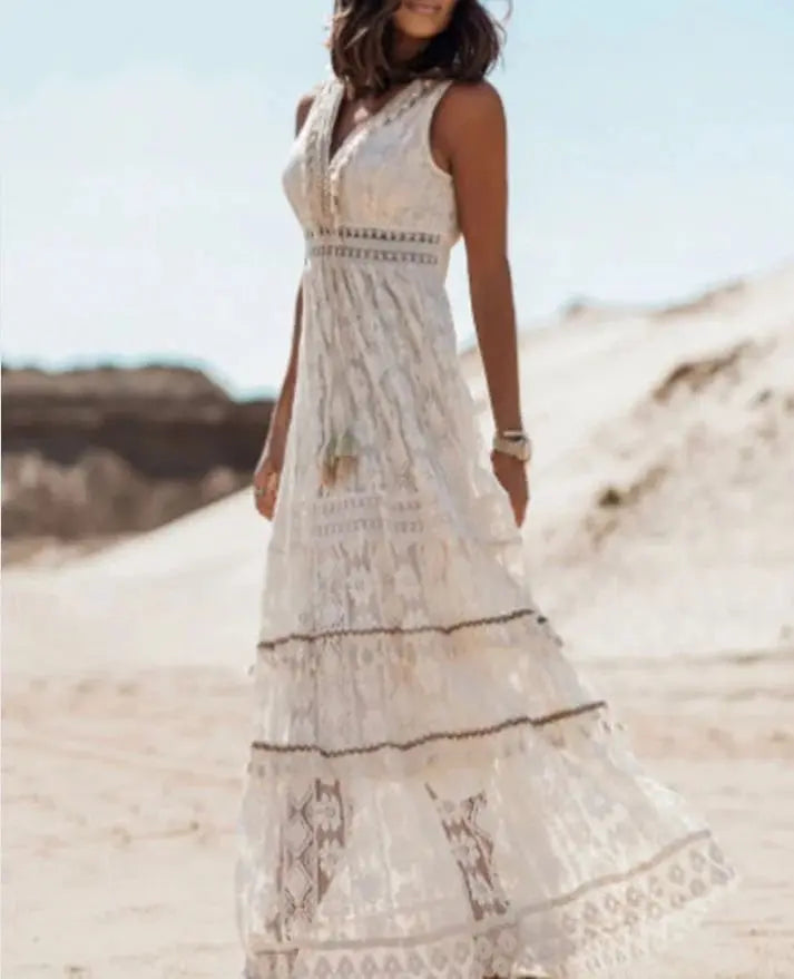 Boho Maxi Dress V-Neck Draped with Drawstring