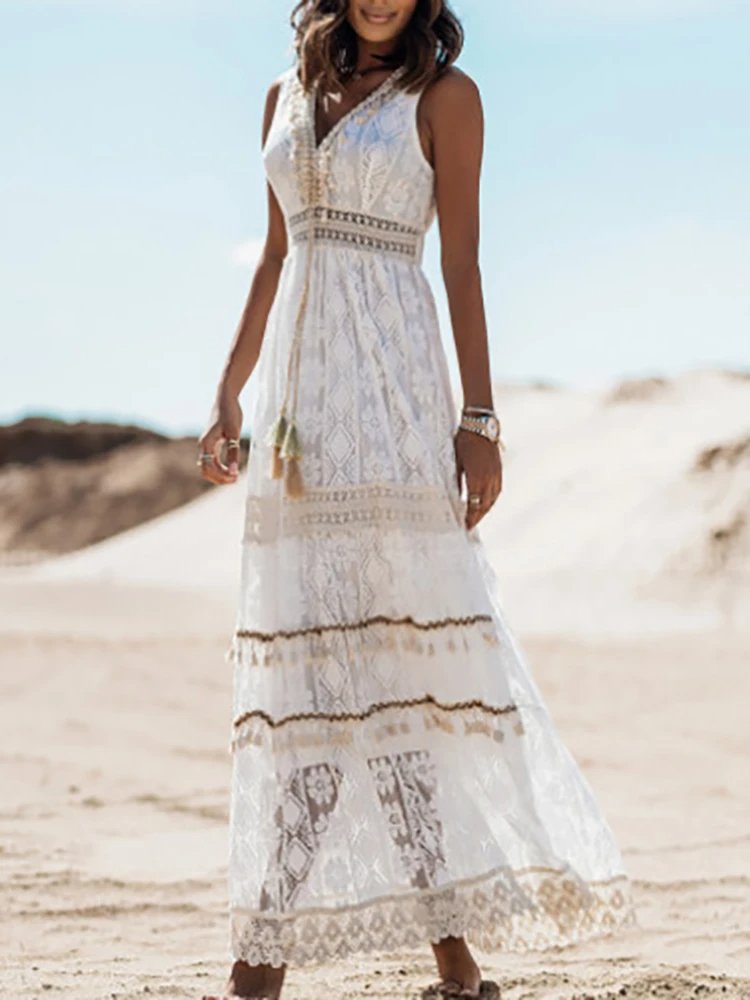 Boho Maxi Dress V-Neck Draped with Drawstring