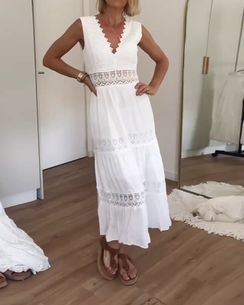 Boho Maxi Dress V-Neck Lace Wrap Summer - White