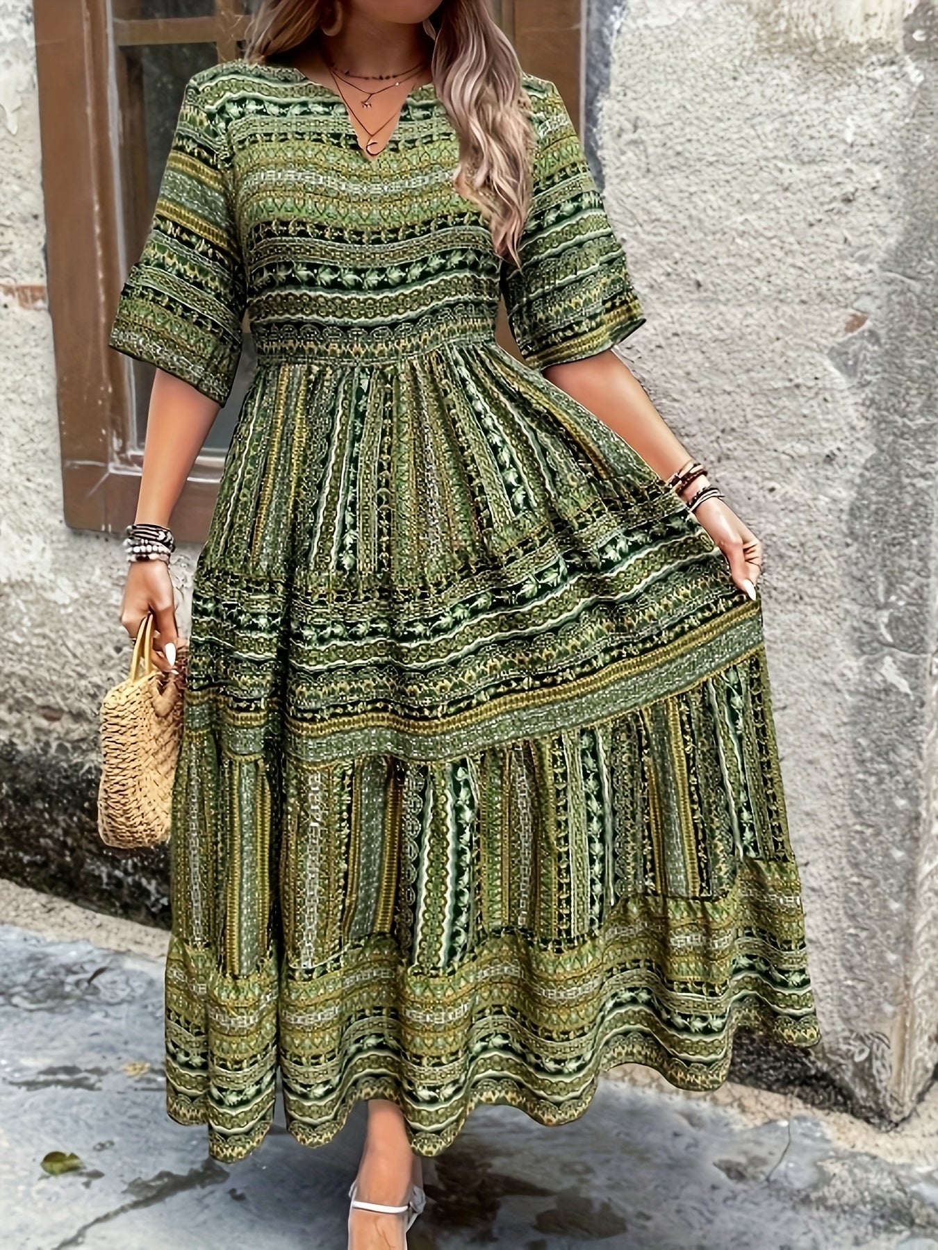 Boho Maxi Dress V-Neck Tiered Ethnic Print - Green
