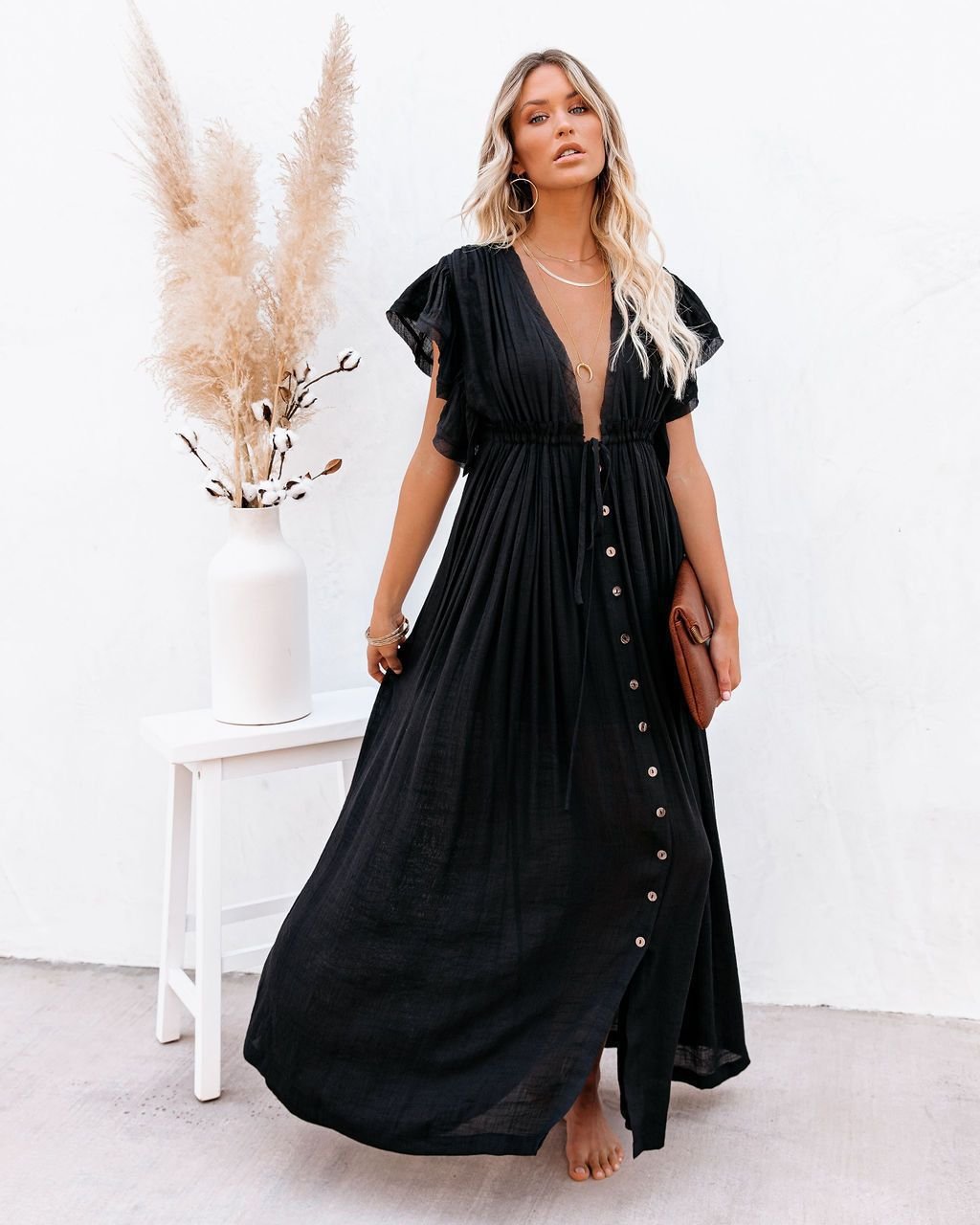 Boho Maxi Dress V-Neck Wrap Style Flutter Sleeves - Black
