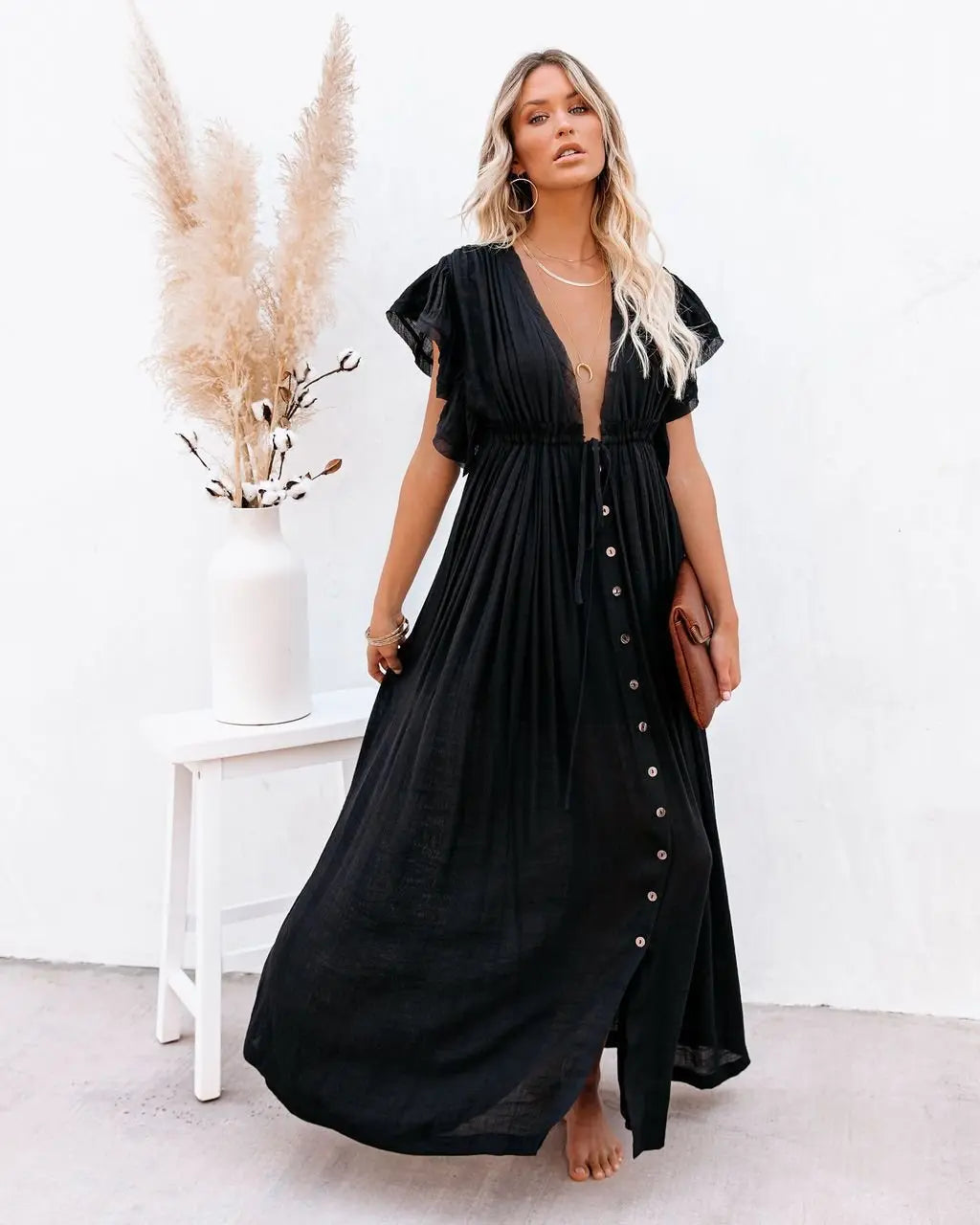 Boho Maxi Dress V-Neck Wrap Style Flutter Sleeves - Black