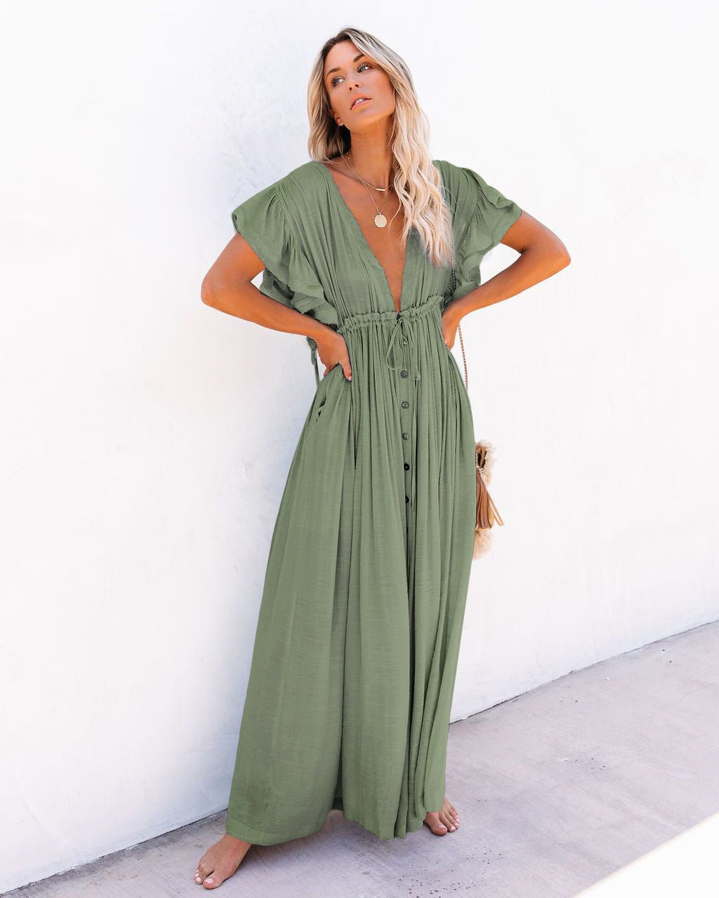 Boho Maxi Dress V-Neck Wrap Style Flutter Sleeves - Light Green