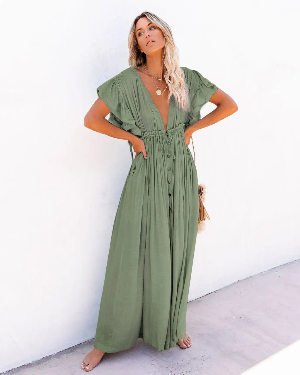 Boho Maxi Dress V-Neck Wrap Style Flutter Sleeves - Light Green