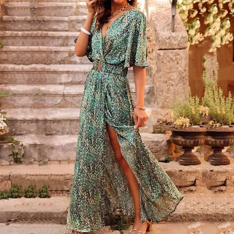 Boho Maxi Wrap Dress V-Neck Summer - Green