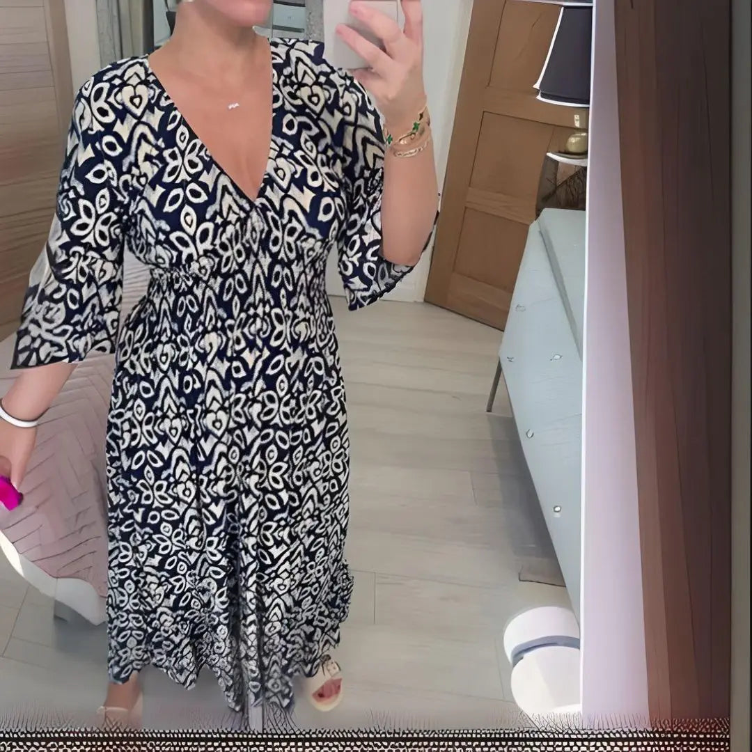 Boho Midi Dress V-Neck Three Quarter Sleeve Printed - Blue
