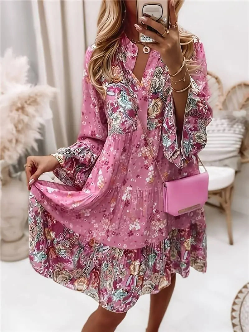 Boho Mini Dress Floral Print V-Neck Long Sleeve - Pink