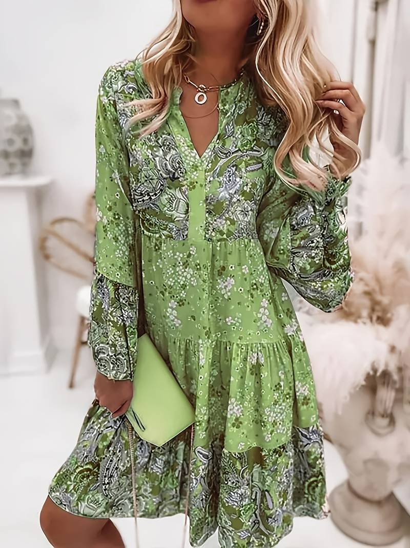 Boho Mini Dress Floral Print V-Neck Long Sleeve - Green