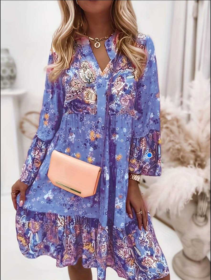 Boho Mini Dress Floral Print V-Neck Long Sleeve