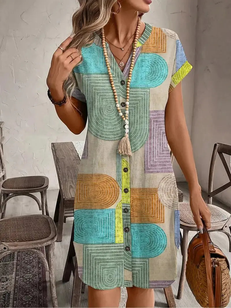 Boho Mini Dress Geometric Print Button Front V-Neck - Multicolor