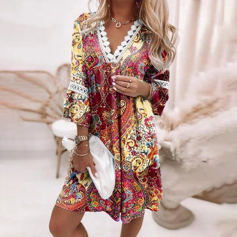 Boho Mini Dress V-Neck Floral Print Long Sleeve - Red