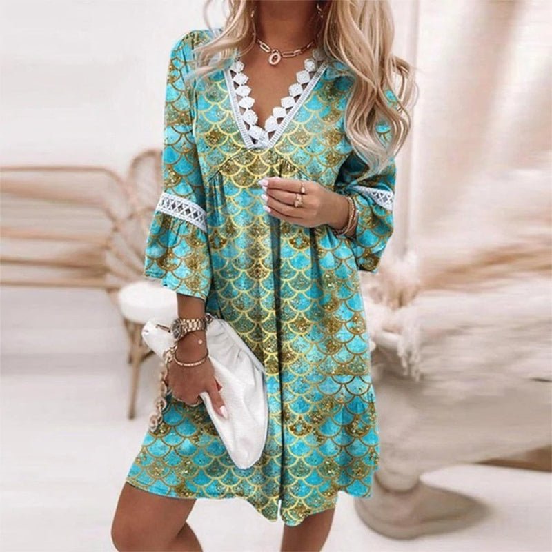 Boho Mini Dress V-Neck Floral Print Long Sleeve - Green