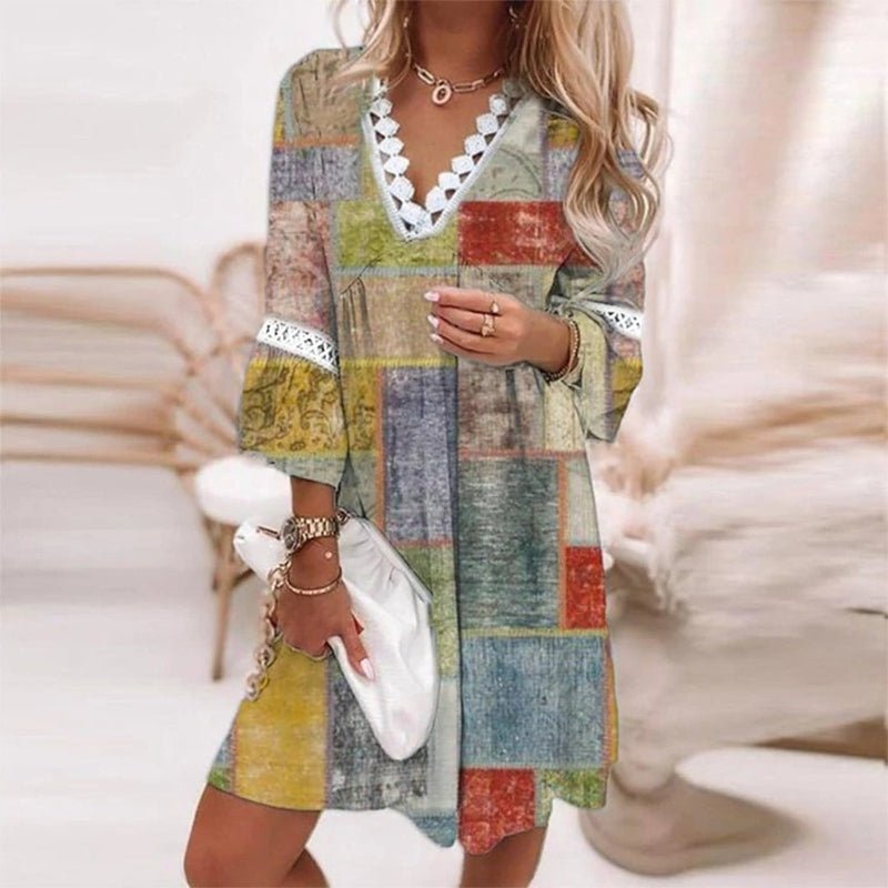 Boho Mini Dress V-Neck Floral Print Long Sleeve - Yellow