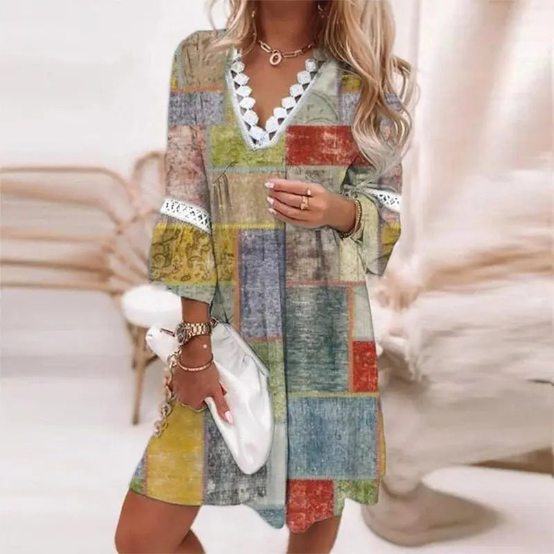 Boho Mini Dress V-Neck Floral Print Long Sleeve - Yellow