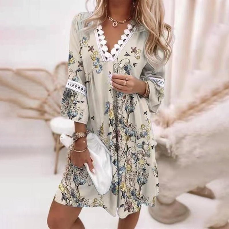 Boho Mini Dress V-Neck Floral Print Long Sleeve - Light grey