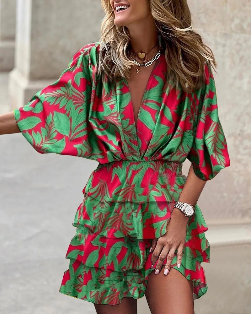 Boho Mini Dress V-Neck Smocked Waist Tiered Ruffle - Green