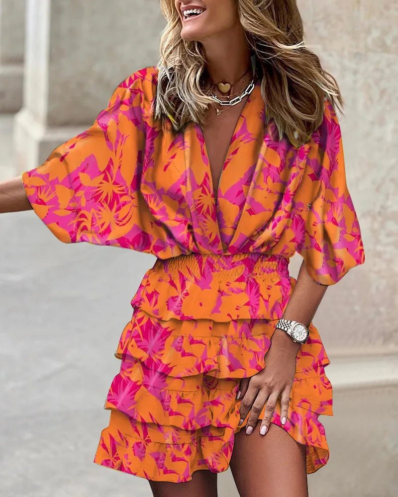Boho Mini Dress V-Neck Smocked Waist Tiered Ruffle - Orange