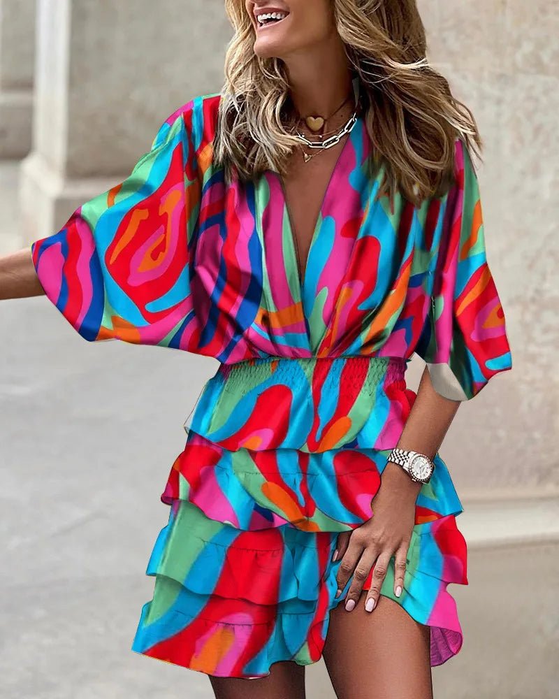 Boho Mini Dress V-Neck Smocked Waist Tiered Ruffle - Multicolor