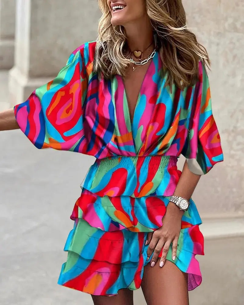 Boho Mini Dress V-Neck Smocked Waist Tiered Ruffle - Multicolor