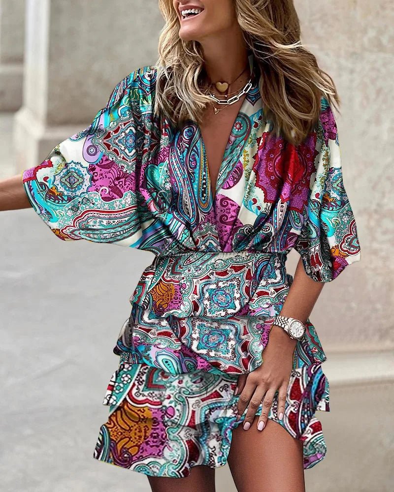 Boho Mini Dress V-Neck Smocked Waist Tiered Ruffle - Blue
