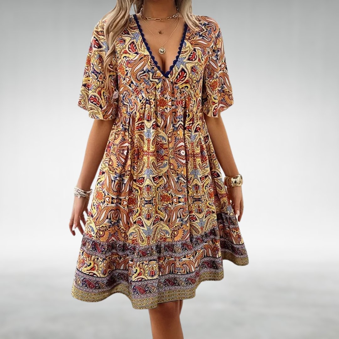 Boho Paisley Mini Dress V-Neck Short Sleeve - Yellow